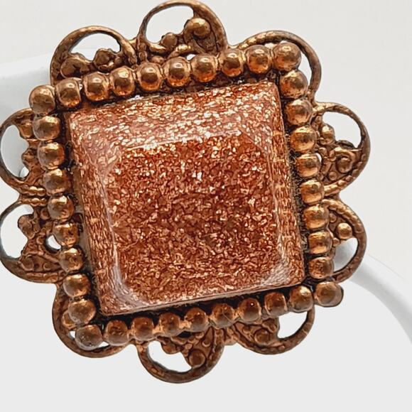 Vintage Goldstone Glass Clip On Earrings Copper Filigree Frame 1960s Style - Picture 3 of 8